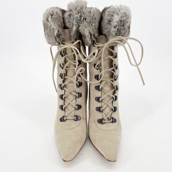 Manolo Blahnik Beige Suede Rabbit Fur Trim Lace Up Pointed Toe Bootie IT 37 - Picture 6 of 16
